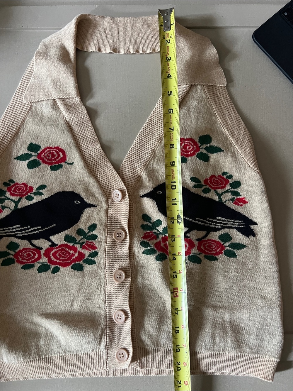 OxKnit Vintage-Inspired Cream Knit Button-Up Sweater Vest with Rose & Bird Motif - Picture 3 of 6